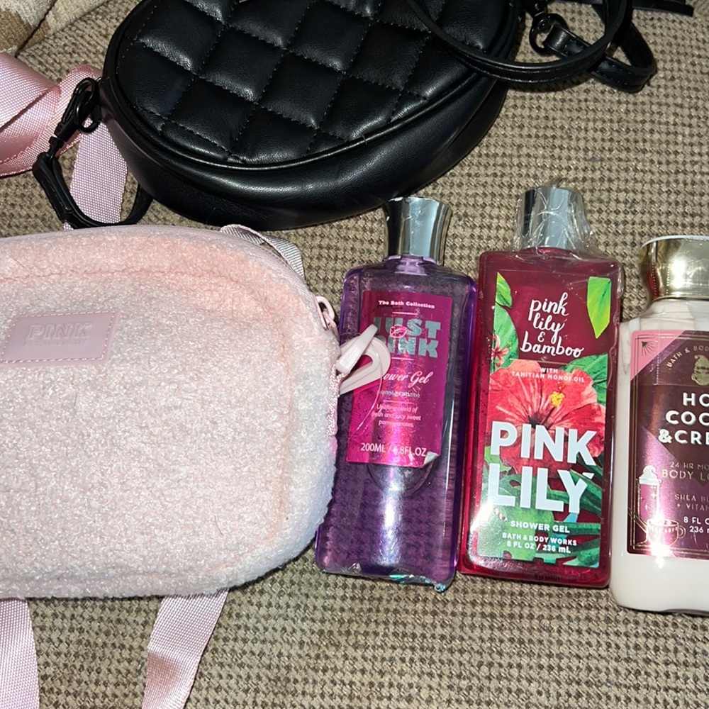 1 aldo cross body one pink crossbody two shower gels and one lotion